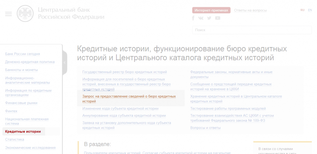 Запрос на предоставление сведений на сайте Центрального банка России